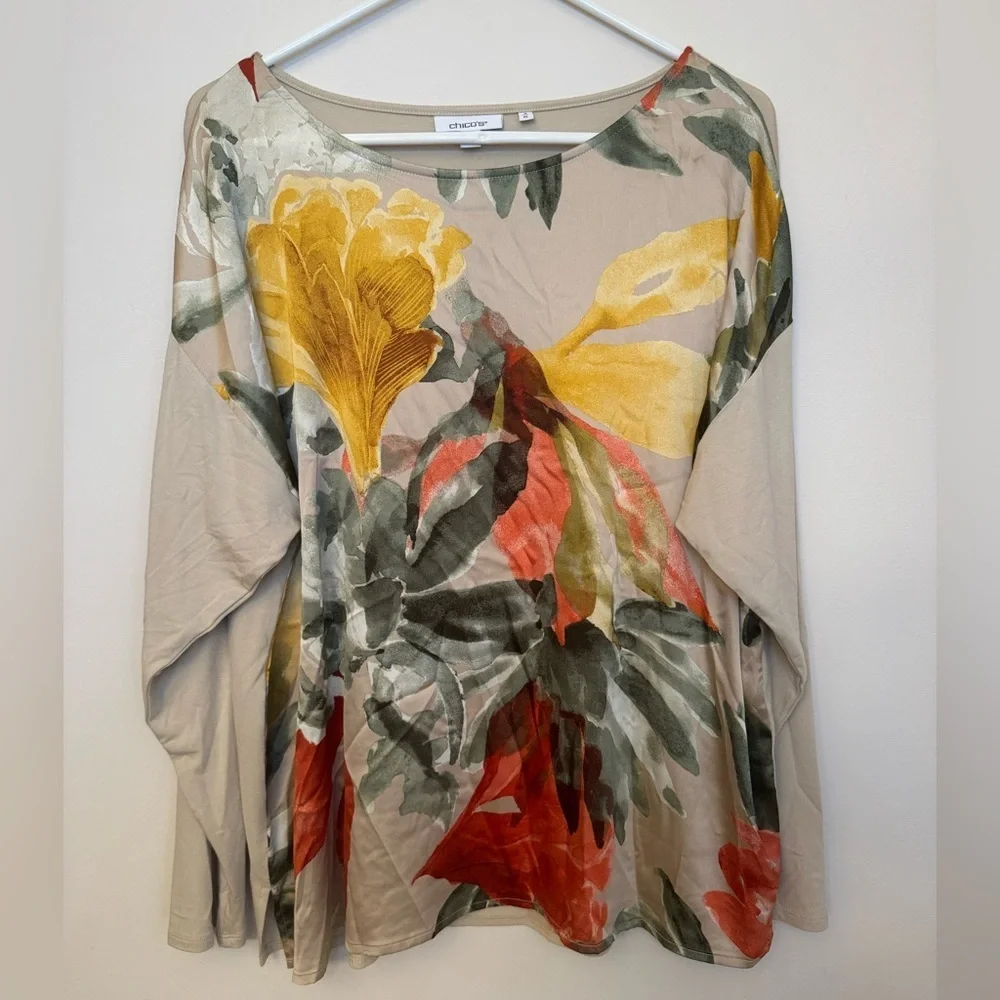 Chico's Women’s Satin Garden Long Sleeve Tee Size 3 XL Beige Floral Scoop Neck